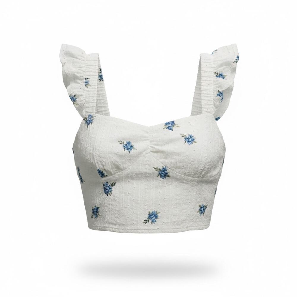 KIRIOUS White Blue Floral Embroidered Cotton Ruffle Strap Crop Top Small New